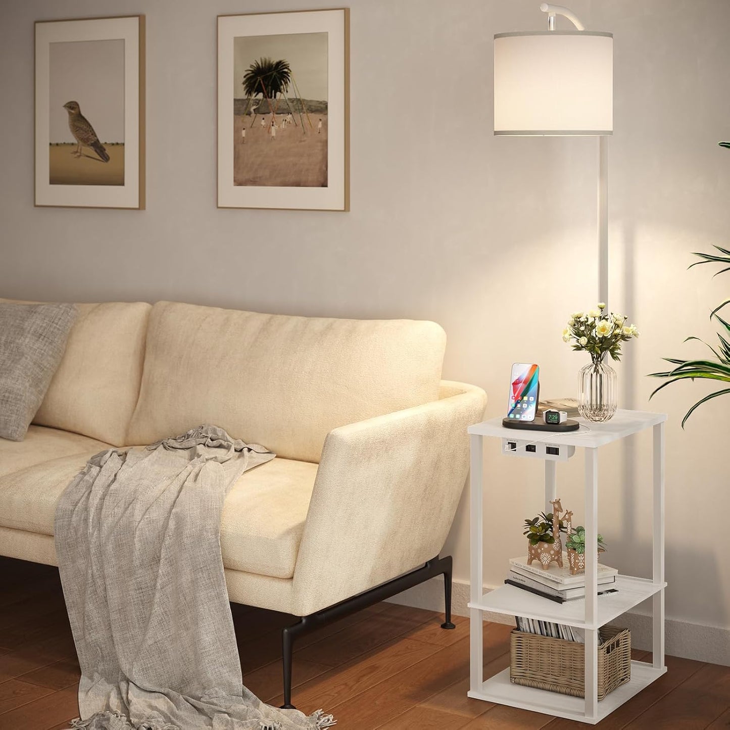 SUNMORY Floor Lamp with Table - Modern Nightstand & Charging Station | 3 Color Temperatures, USB & AC Ports