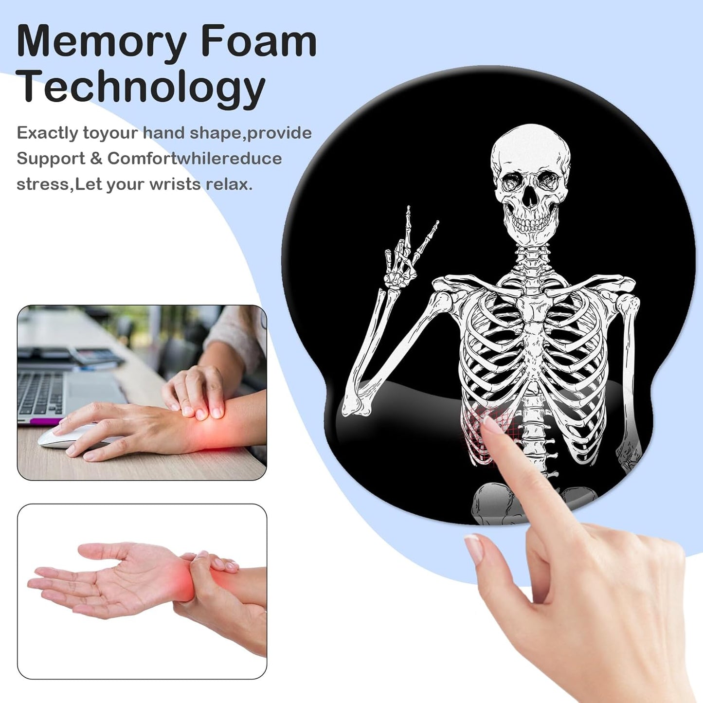 Skiennix Ergonomic Mouse Pad - Comfortable Wrist Support with Non-Slip Base | Black Human Skeleton Skull Design