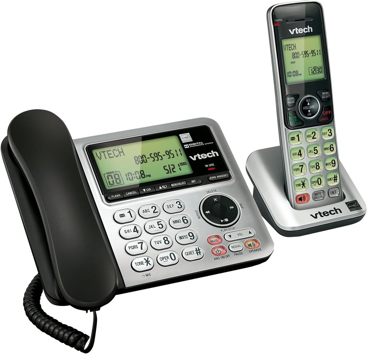 VTech CS6649 DECT 6.0 Expandable Corded/Cordless Phone - Answering System & Caller ID, Silver/Black
