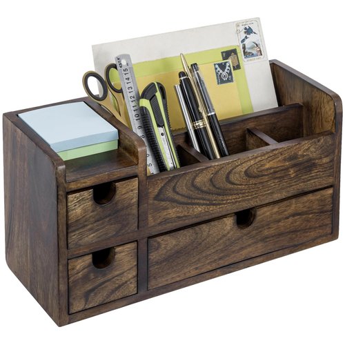 MyGift Solid Mango Wood Desktop Office Supplies Organizer with 3 Drawers, Mail Holder and Stationary Caddy for Desk Accessories Storage