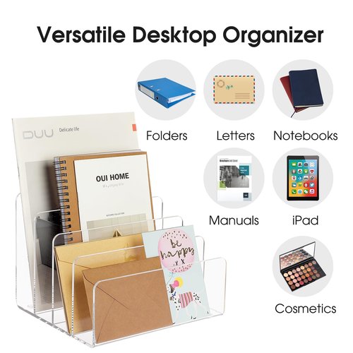 MaxGear Acrylic File Holder, 4 Section Desk Organizer for Envelopes, Letters, Documents, Notebooks, and Electronics, Clear Vertical File Sorter