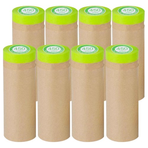 Pre-Taped Masking Paper for Painting - 18 inch x 50 feet Tape and Drape Painters Paper, Paint Adhesive Protective Paper Roll for Covering Skirting, Frames, Cars and Auto Body (8 Rolls)