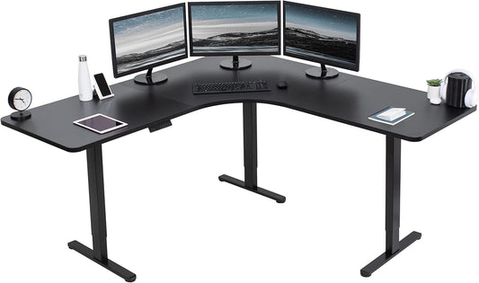 VIVO Electric Height Adjustable L-Shaped Stand Up Desk - 71"x71" Curved Black Table Top & Frame | Memory Controller