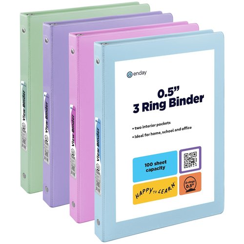 Enday 3 Ring Binder 1/2 inch - 0.5 Inch 3 Ring Binder, Round Ring Pastel with Clear View Cover for Letter Size 8.5 x 11'' Paper & 2 Inside Pockets, for School Supplies, Office, & Home - 4 Pack