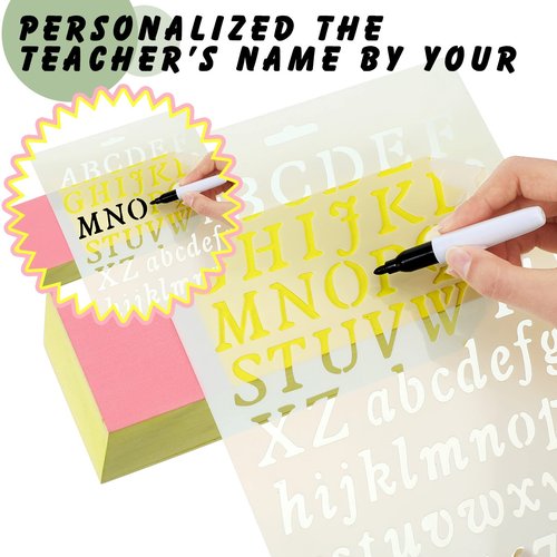 Kisston 6 Pcs Back to School Teachers Gift Wooden Teacher Pencil Holder Pencil Holder New School Year Gift with Letter Stencils Markers Name DIY Organizer for Office Birthday Supplies Desk