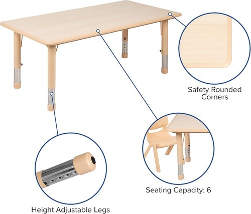 Emma + Oliver Rectangle Activity Table Set - Natural Plastic with 6 Chairs | 23.625" W x 47.25" L
