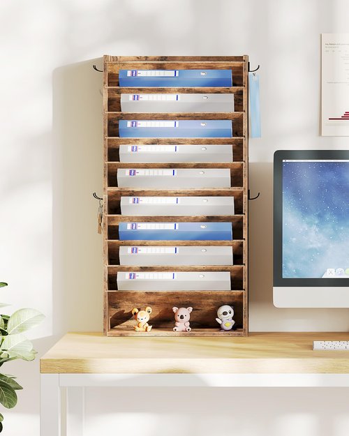 CHOEZON Wall File Organizer, 10-Tier Hanging Mail Organizer, Wall Mount File Holder with 4 Side Hooks, Mail and Storage Organizer, Wooden Vertical Hanging Holder for Office, Rustic Brown MWJ03FG