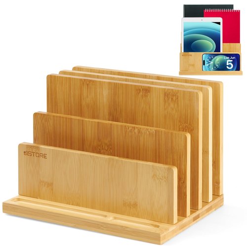 JLSTORE Bamboo File Organizer for Desk - Wood Desktop Organizer with 4 Slots & Tray for Filing Letters, Office Accessories, Pen/Tablet/Sticky Notes.