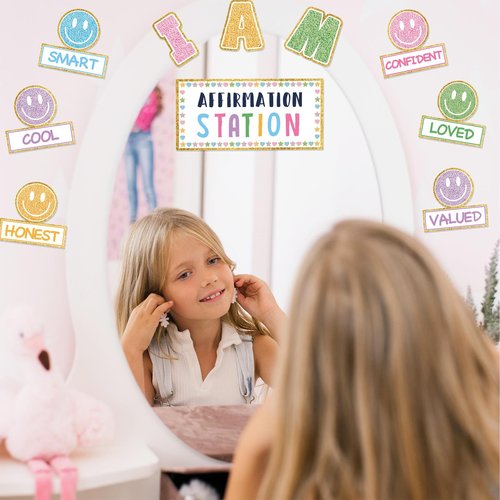 FYSUIMU Boho Smile Face Affirmation Station Bulletin Board Set Positive Sayings Pastel Happy Face Cutouts for Back to School Classroom Chalkboard Wall Decor