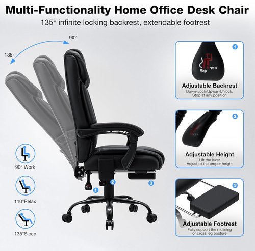 HOFFREE Ergonomic Massage Office Chair - Heated & 7-Point Vibration | Reclining High Back, Footrest, Black