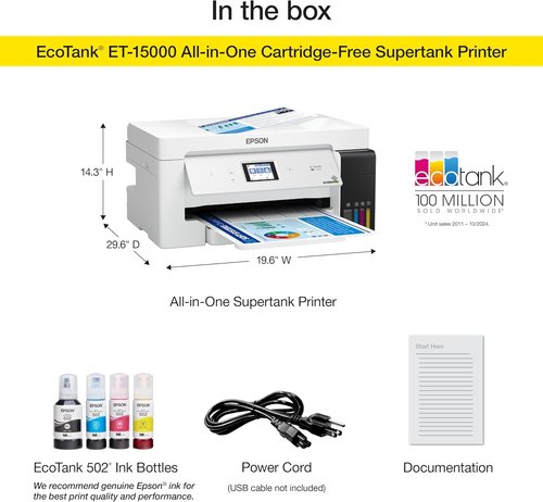 Epson EcoTank ET-15000 Wireless All-in-One Supertank Printer - Print, Scan, Copy, Fax | 13 x 19 Inches, White