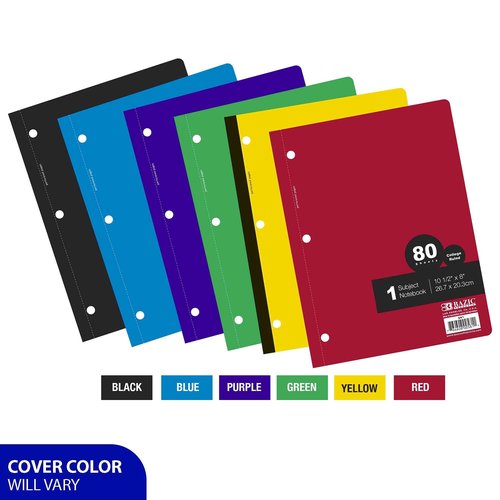 BAZIC Products Notebook College Ruled 1 Subject 80 Sheets Wireless Notebooks, Lined Composition Book, Assorted Color, 24-Pack