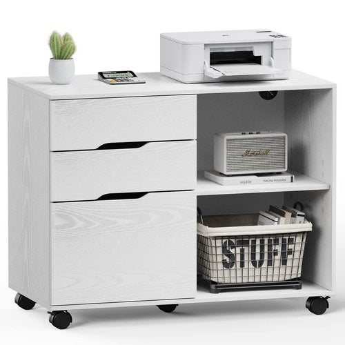 File Cabinet with 3 Drawers, Mobile Lateral Filing Cabinet with Open Storage Shelves for Home Office Under Desk Storage, White