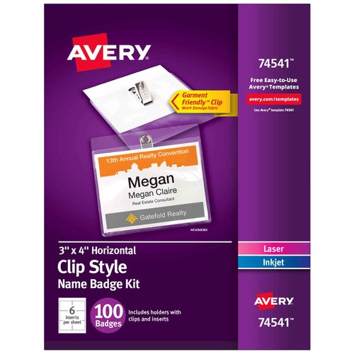 Avery Customizable Name Badges, Clip Style, 3" x 4", Clear Name Tag Holders, White Laser/Inkjet Printable Inserts, 100 Total (74541)