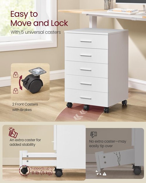 VASAGLE File Cabinet, Mobile Pedestal Filing Cabinet with Wheels, Printer Stand with 5 Drawers, Tool-Free Sliding Rails, for Study, Home Office, Cloud White UOFC081W01