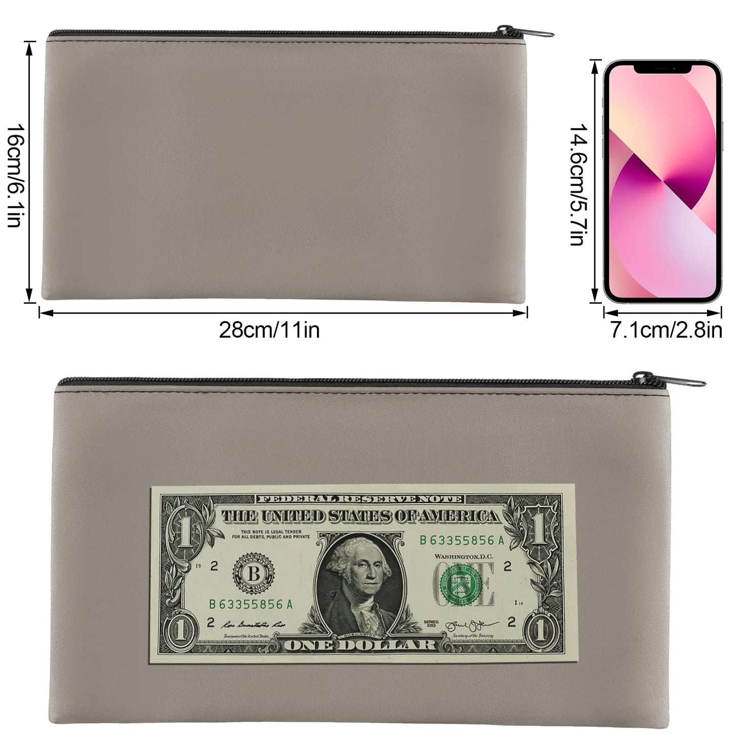 4Pack Money Bag 11 X 6, Safe Durable Waterproof PU Leather Bank Pouch With Zipper for Cash, Coins, Checks, Makeup, Bills, Receipts, Tool Storage (Grey)