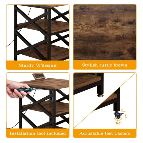 METYERRY Large Printer Stand with Power Outlet, with Height Adjustable Storage Shelf, 3 Tier Rolling Printer Cart with Industrial Wheels, 23.6 x 23.6 Inches Printer Table for Home Office, Rustic Brown