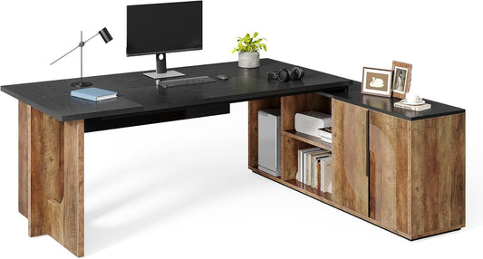 LITTLE TREE 74-Inch Executive L-Shaped Desk with Storage Cabinet & Shelves, Large Home Office Computer Desk, Modern Business Workstation for Professionals (Brown & Black)