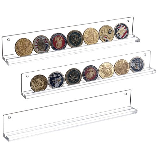 MyGift Wall Mounted Premium Clear Acrylic Challenge Coin Holder, Casino Chip Collectors Display Rack, Single Row Military Coins Collection Shelf, Set of 3