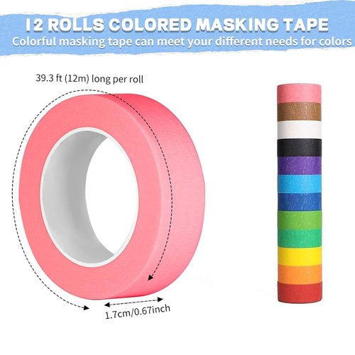 Skiennix 12PCS Colored Masking Tape - Versatile DIY Craft & Art Supplies | 2/3In x 13Yards Rolls