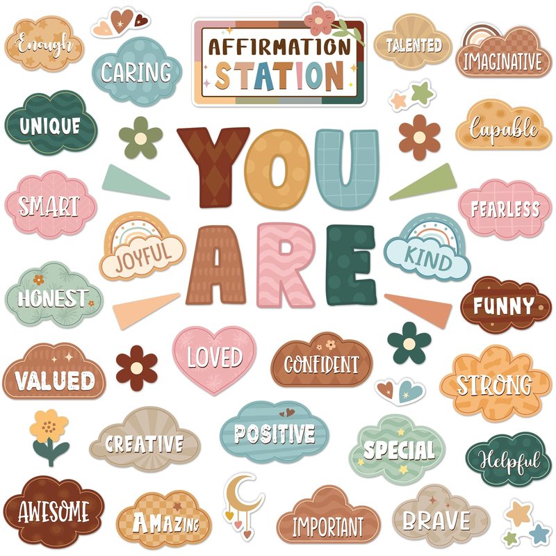 Weekgrat 45pcs Classic Boho Bulletin Board Set Motivational Posters Classroom Mirror Growth Mindset Decor Positive Affirmations Accents Cutouts for School Office Home Teacher Wall