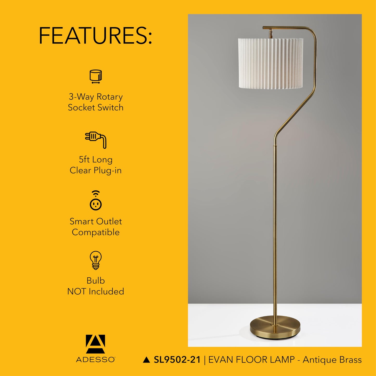 Adesso Antique Brass Floor Lamp with White Pleated Lampshade – 3-Way Modern Accent Light for Bedroom, Living Room, and House Décor, 60” Tall