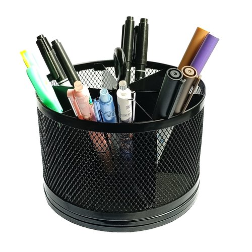 SETTFRFE Rotating Pen Holder for Desk,Supplies Organizer pencil Caddy,6 Compartments Desk Organizer,Black (Metal Mesh Style)
