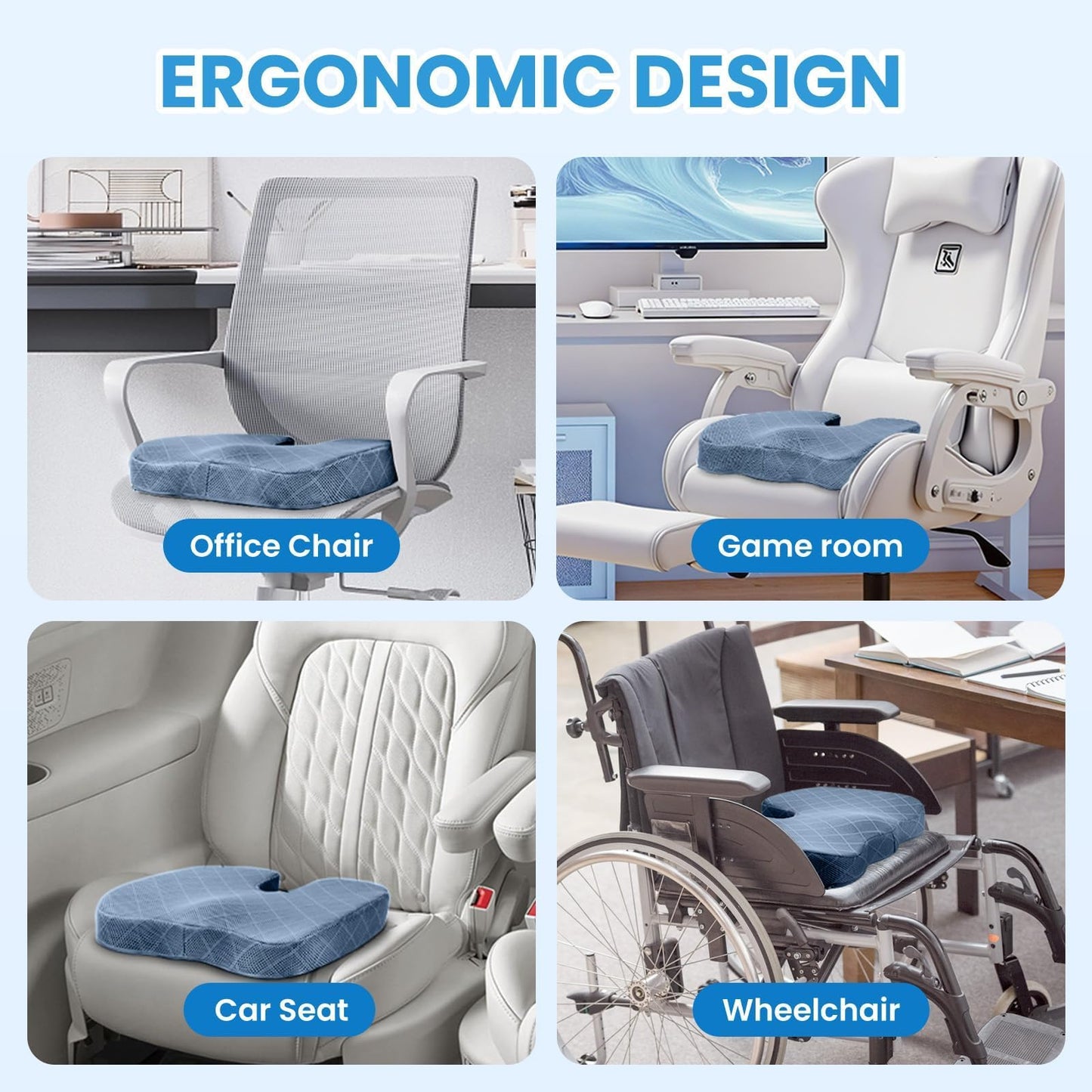 TushGuard Office/Car Seat Cushion, Non-Slip Sciatica & Back Coccyx Tailbone Pain Relief Chair Pad, Memory Foam Butt Pillow for Computer Desk, Wheelchair, Driving (Light Blue, XX-Large)