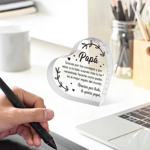 Yopyame Spanish Dad Birthday Gifts - Regalos para Papá Heart Acrylic Plaque for Office Desk Decor Keepsake Paperweights Gifts for Dad in Spanish Christmas Father's Day Gifts for Dad from Daughter Son