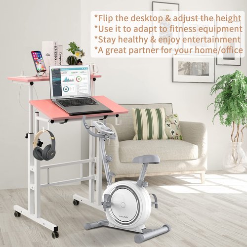 Hadulcet Mobile Standing Desk with Charging Station, Adjustable Standing Computer Desk, Standing Adjustable Laptop Cart with Wheels for Home Office Classroom, Pink