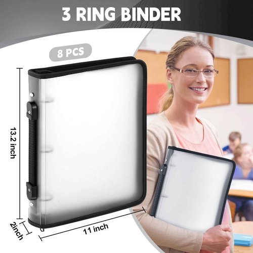 Teling 8 Pcs Zipper Binders with 3 Ring Zipper Binder, Refillable Plastic Clear File Organizer Planner for Projects, Assignments, Memos, School Work (2 Inch,White)