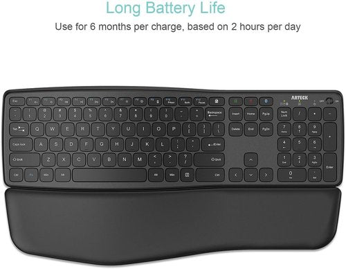 Arteck Wireless Bluetooth Keyboard - Comfortable Full Size with Palm Wrist Rest | USB-A & USB-C Compatible for Windows, iPad, Android, PC