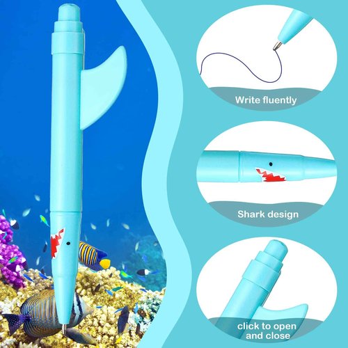 Sinmoe Shark Shaped Pens for Kids Cute Fun Pens Bulk Plastic Novelty Pencil Shark Birthday Party Favor Blue Ocean Beach Theme School Supplies for Student Gift Prize Adult Office Stationery(48 Pcs)