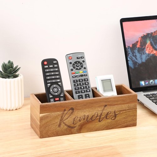 COOLEX Remote Control Holder, Acacia Wooden Pencil Holder TV Remote Holder with 3 Compartments, Remote Caddy for Table, Small Desktop Organizer for Home Office