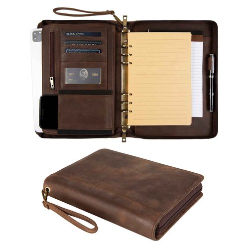 GZRHKJ A5 Genuine Leather Portfolio, 6 Ring Binder Notebook Portfolio, Refillable Planner with Binder Pockets (Standard,Dark Khaki)