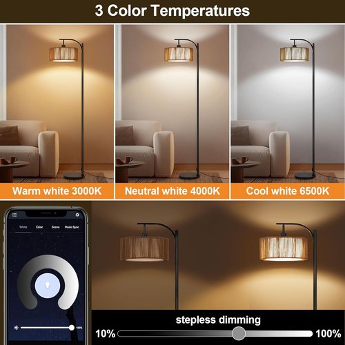 Boho Arc Floor Lamp - Dimmable RGB LED Rattan Design with Remote Control | Stylish Black Tall Lamp for Living Room & Bedroom