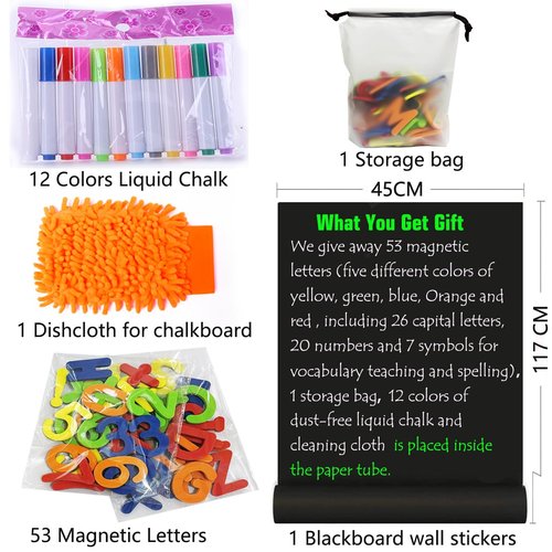 LACQWO Magnetic Chalkboard Contact Paper for Wall 46.3"x18" Self Adhesive Magnetic Wall Board Sticker with 12 Colors Liquid Chalk and 36 Magnet Letters for Kids, Black Chalk Board Wallpaper Roll