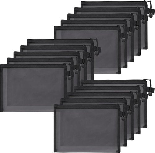 CACASO 15-Piece Nylon Mesh Zipper Pouch Set - Black Makeup Bags, Cosmetic Pouches, Travel Bags (9.5 x 7.5 Inch)