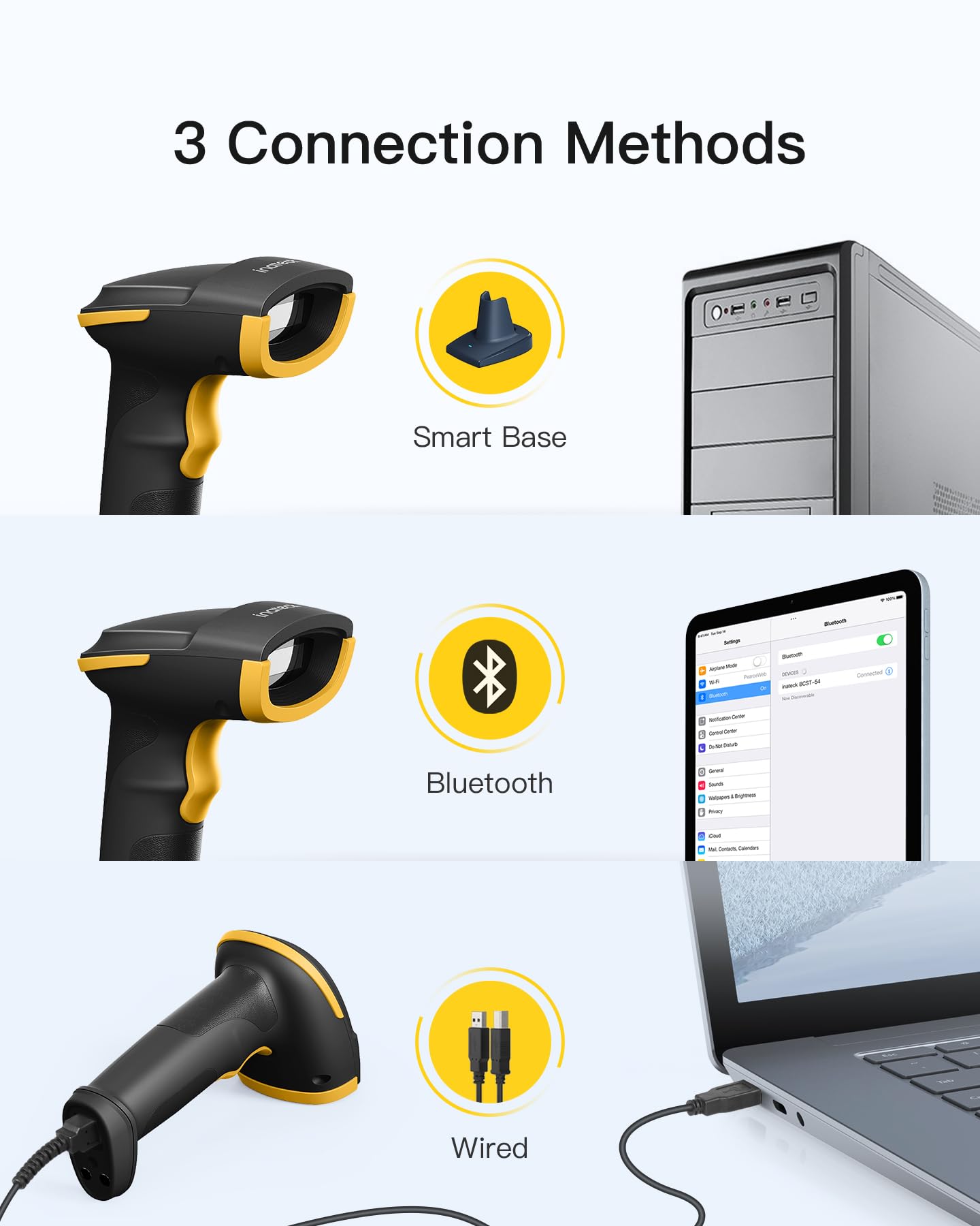 Inateck 2D Barcode Scanner Bluetooth, Barcode Reader with 2.4Ghz Smart Base, Screen Scanning, BCST-54 Black