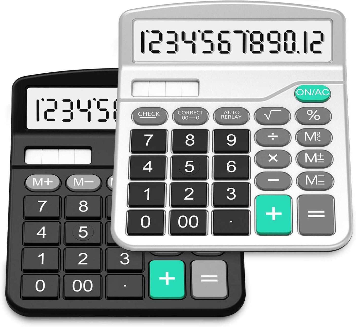 Splaks Desktop Calculators - Dual Power Solar & AA Battery | 12-Digit Large Display (Black & Silver)