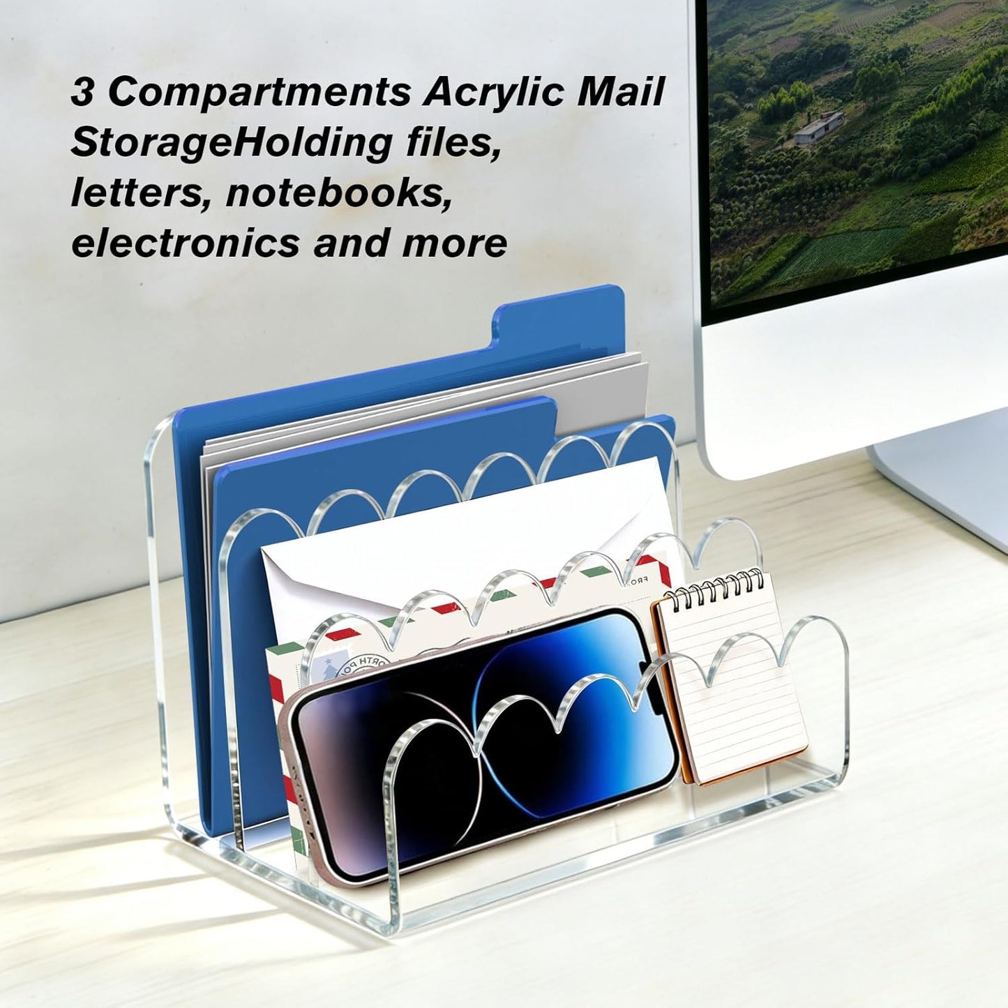 Skiennix Clear Acrylic Mail Organizer - 3-Compartment Vertical Letter Holder for Desk | Sorts Bills & Stationery