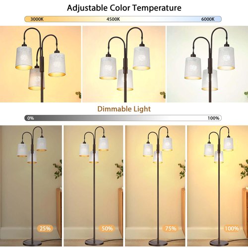 Casia Metal dimmable Floor lamp with Remote Control, Industrial 3-Lights Dimmable Tall Standing Lamp with 3pc LED Bulb, Tree Floor Lamps for Living Room, Bedroom, Study Room and Office (White, 1PC)