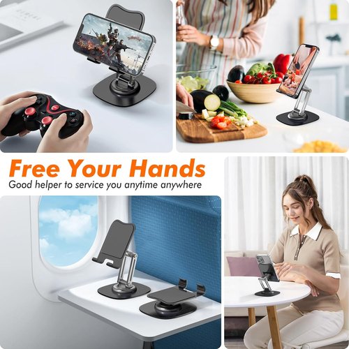 Cell Phone Stand - Adjustable 360° Rotating Desktop Holder for iPhone 17/16/15/14/13/12/11 Pro - Black