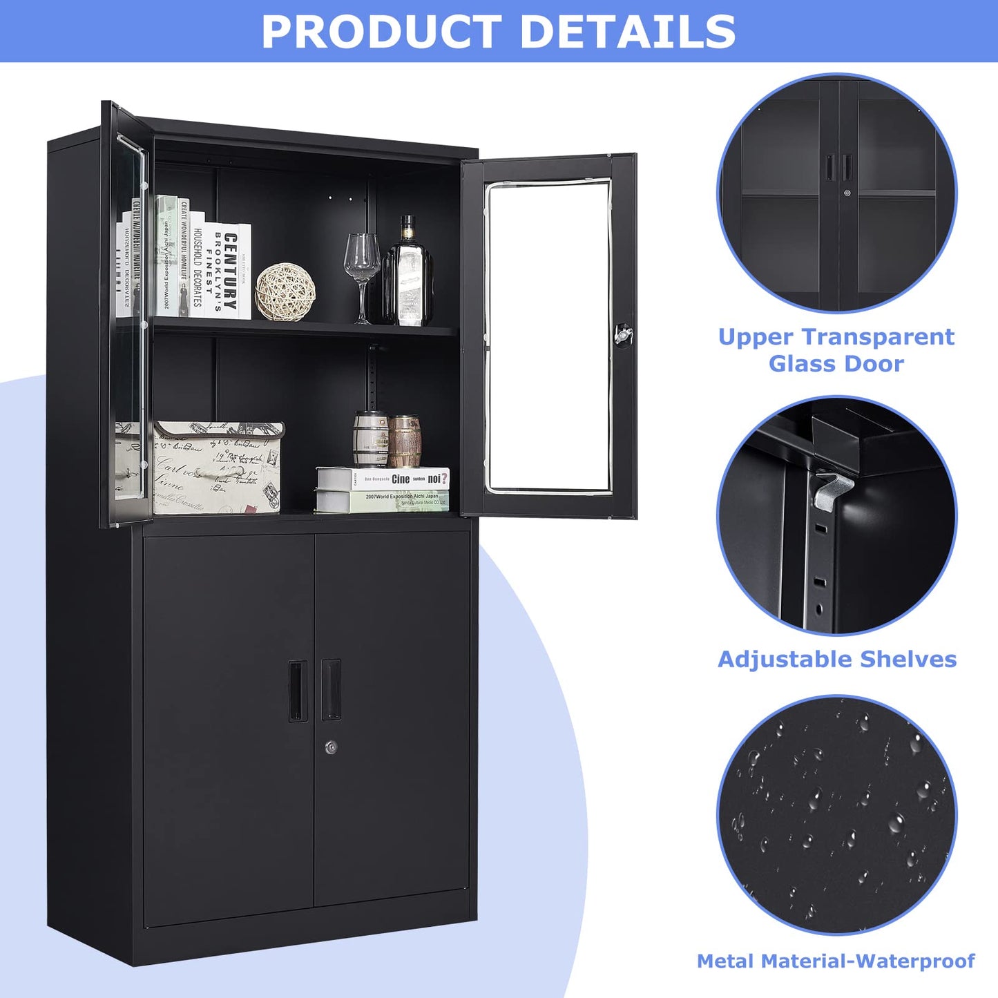 AFAIF 71”H Display Cabinet with Adjustable Shelves, 4 Door Display Cabinets with Glass Door, Black Metal Display case, Locking Steel Storage Caninet for Home/Office/Living Room -Assembly Required