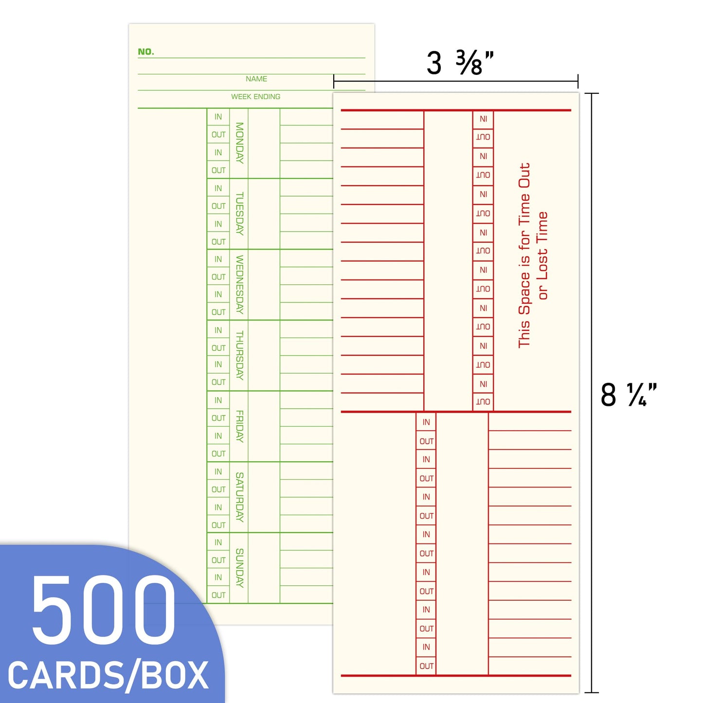 Weekly Time Cards 2-Sided, Named Days, 3-3/8" x 8-1/4", 500-Count, Time Cards for Employees, Green/Red Print, Timecards for Time Clocks