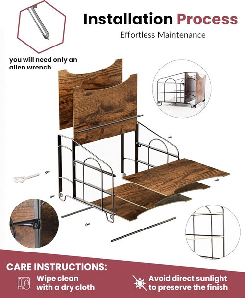 Oterri Wood Desk File Organizer - 3-Tier Metal Paper Tray with Folder Holders | Office & Home Use