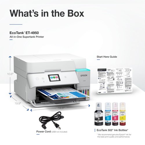 Epson EcoTank ET-4950 Wireless All-in-One Color Supertank Printer with up to 3 Years of Ink, Refillable Tanks, Perfect for Office, 18 PPM, 2.4" Color Touchscreen, Auto Document Feeder – White