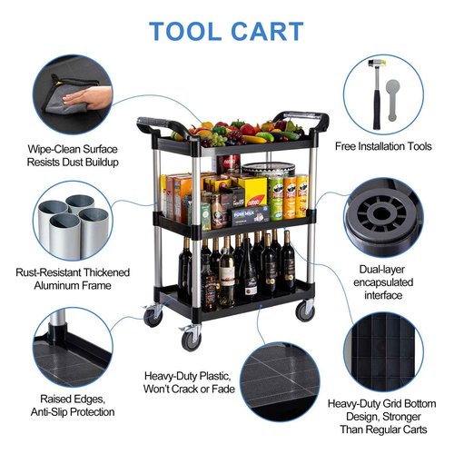 Rolling Utility Carts with Wheels Heavy Duty,3 Tier Rolling Cart with Wheels,510 LBS Food Service Cart with Rubber Mallet and Pad for Restaurant Kitchen Warehouse Office,35.5" x 16.9" x 39.5"(Black)