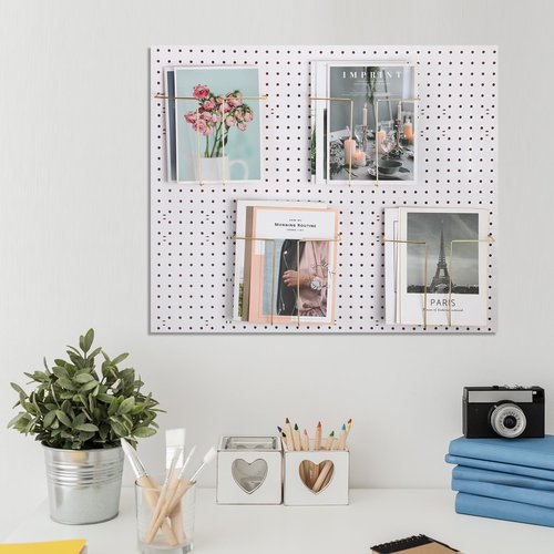 Beeveer 4 Pair Pegboard Display Shelves Expandable Width Metal Magazine Holder Hanging Wall File Organizer Pegboard Accessories Wall Decor for Pantry Exhibitions Trade Show Retail Store(Gold)