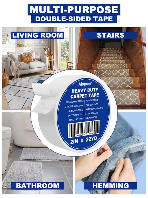 Alopuxi Double Sided Carpet Tape 2 Inch x 22Yards, Rug Tape Grippers, for Hardwood Floors and Area Rugs, No Damage, Residue Free